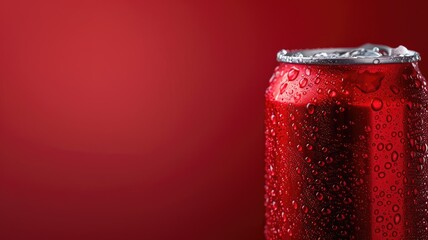 Red can with condensation droplets on red background