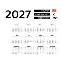 Calendar 2027 French language with Burkina Faso public holidays. Week starts from Monday. Graphic design vector illustration.