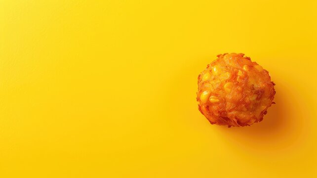 Fried golden ball of batter with visible corn kernels on bright yellow background