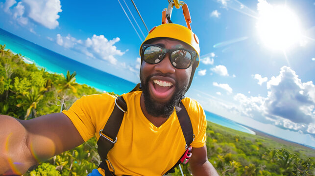 selfie of a thrilled young black man going down on a zipline soaring soaring the forest, dynamic sports photo