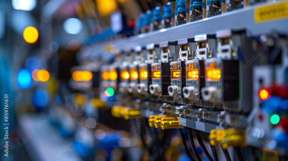 Poster close-up of a detailed electronics circuit board in a modern factory, showcasing components and tech