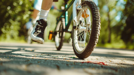 low angle cropped close-up photo of a kid riding a bike outdoors