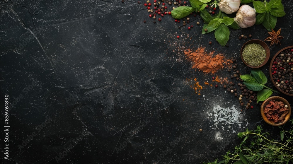 Poster top down view of various spices and herbs on a dark backdrop with extra space