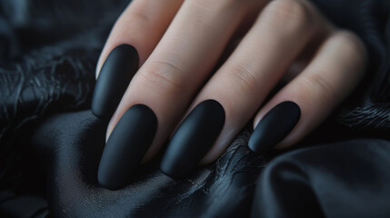 Closeup of a hand with long, black, matte nails.