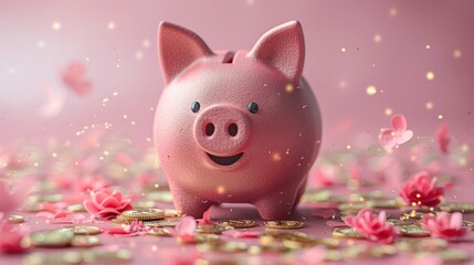 Pink Piggy Bank with Coins and Flowers