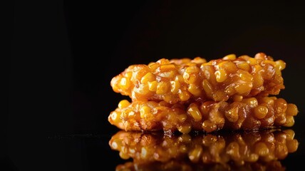 Caramel-coated corn puffs stacked on reflective surface