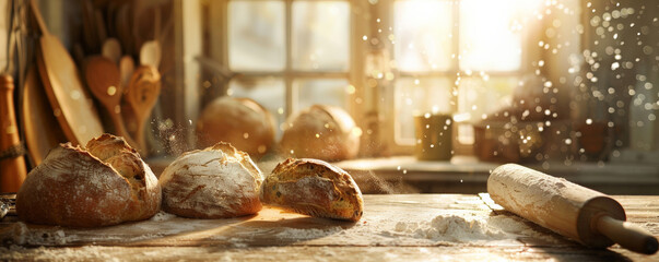 A rustic kitchen table with freshly baked loaves of bread, a rolling pin, and a dusting of flour. Warm, golden light coming from a window gives a homely feeling.