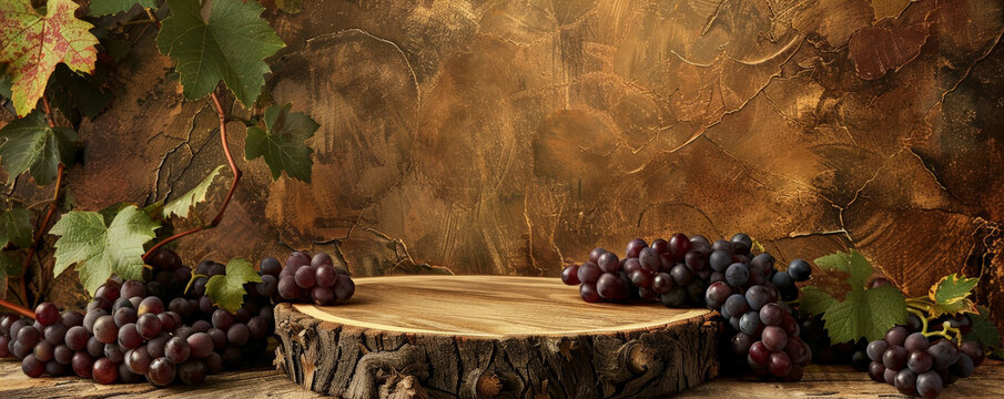 A rustic fruit-themed podium setup with a wooden podium surrounded by clusters of grapes and vine leaves. The background includes warm, earthy tones and a natural texture.