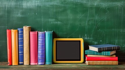 Colorful books and e reader by green chalkboard