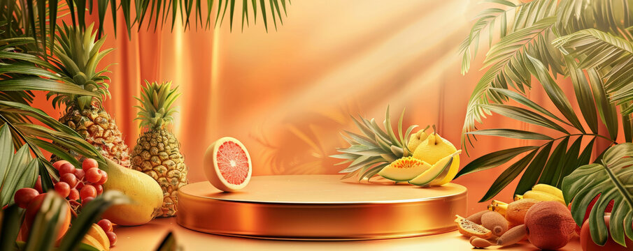 A stylish podium background with a sleek, metallic podium adorned with exotic fruits and tropical leaves. The backdrop includes a gradient of warm, sunny colors.