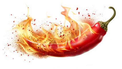 Red chili peppers with fire, design isolated on transparent background.