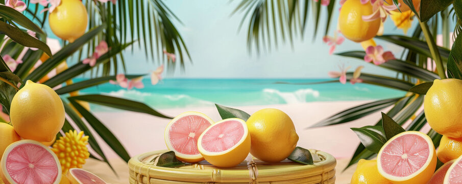A tropical lemon podium background featuring a bamboo podium adorned with exotic lemons like Meyer lemons and pink lemons. The backdrop includes palm leaves and a sandy beach with turquoise waters.