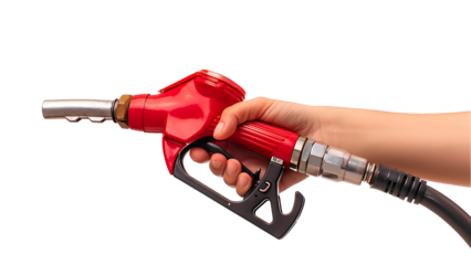 A person's hand holds a fuel nozzle on a transparent background.