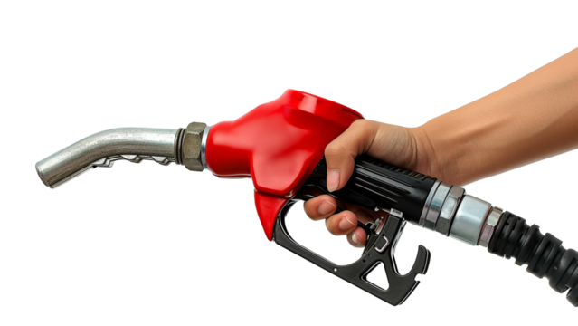 A person's hand holds a fuel nozzle on a transparent background.