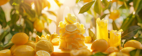 An artistic lemon podium scene with a podium made of lemon peel textures, surrounded by lemon-flavored desserts and beverages. The background is a lemon grove with sunlight filtering through the