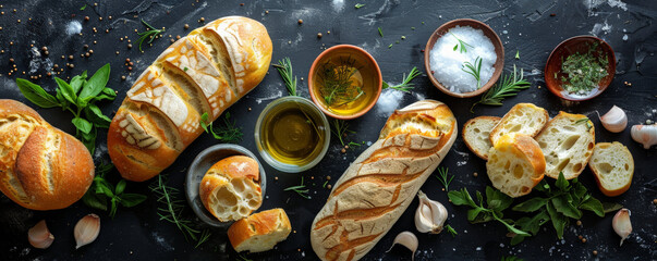 An assortment of bread on a black slate background, with small bowls of dipping oils and garlic cloves. The scene features dark, moody colors for a dramatic effect.