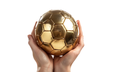 Hand holding golden ball isolated on transparent background.