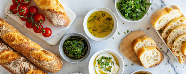 An assortment of bread on a marble countertop with small bowls of dipping oils and fresh herbs. Bright, cool lighting for a modern, clean look.