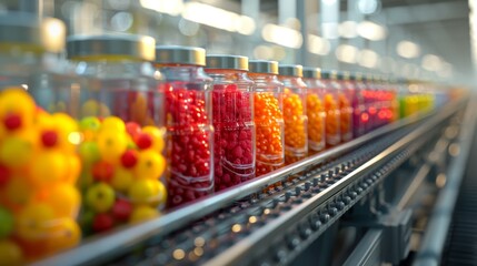 Citrus-flavored beverage cans with fresh fruits on a conveyor belt in a factory, highlighting the production of refreshing drinks.