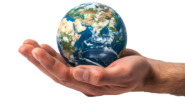 Man's hand holding earth isolated on transparent background. - Powered by Adobe