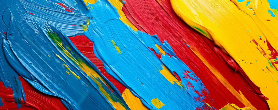 Bold Primary Colors: Bright and bold brush strokes in primary colors of red, blue, and yellow, creating a lively and playful background.