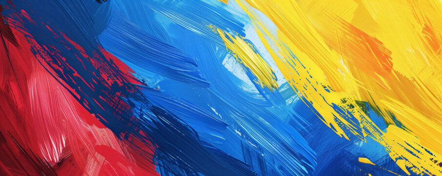 Bold Primary Colors: Bright and bold brush strokes in primary colors of red, blue, and yellow, creating a lively and playful background.