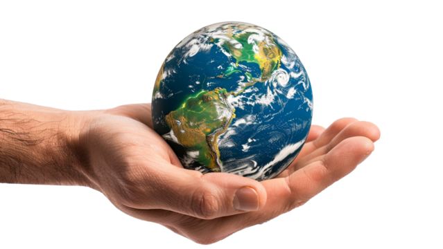 Man's hand holding earth isolated on transparent background. - Powered by Adobe
