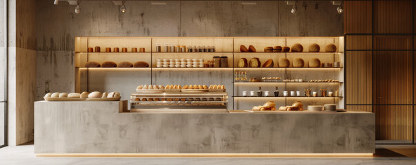 Bread bakery background with a clean, modern bakery interior, showcasing bread on display shelves, a sleek counter, and a minimalist design