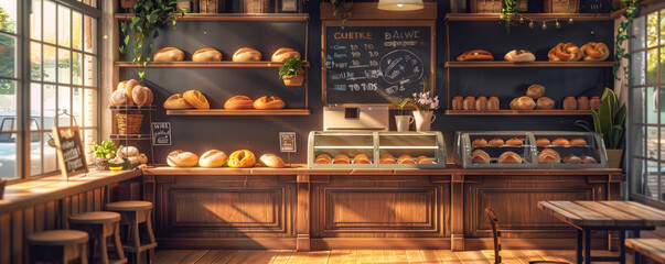 Bread bakery background with a quaint bakery shop interior, showcasing bread on display, a chalkboard menu, and a cozy, welcoming ambiance