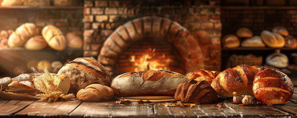 Bread bakery background with a rich, warm color palette, showcasing a variety of bread types on a wooden table, with a traditional brick oven backdrop