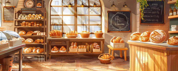 Bread bakery background with a quaint bakery shop interior, showcasing bread on display, a chalkboard menu, and a cozy, welcoming ambiance