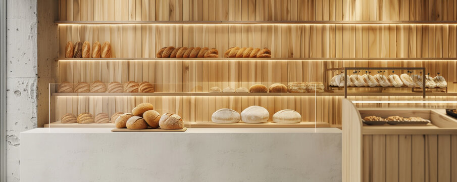 Bread bakery background with a clean, modern bakery interior, showcasing bread loaves on display shelves, a sleek counter, and a minimalist design