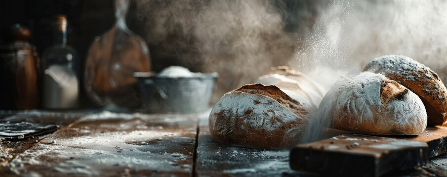 Bread bakery background with a dark, moody table surface, highlighting freshly baked bread, flour, and a rustic, artisanal atmosphere