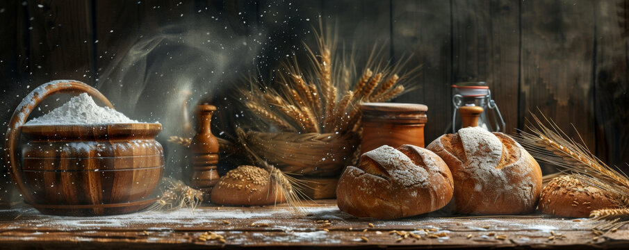 Bread bakery background with a rustic wooden table filled with freshly baked bread loaves, wheat stalks, and flour dust, creating a warm, homely atmosphere