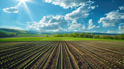 Agricultural field on a sunny day with a multi row seeder for precise and uniform planting