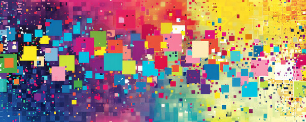 Design art background featuring a digital pixel art pattern in bright primary colors, evoking a retro gaming aesthetic