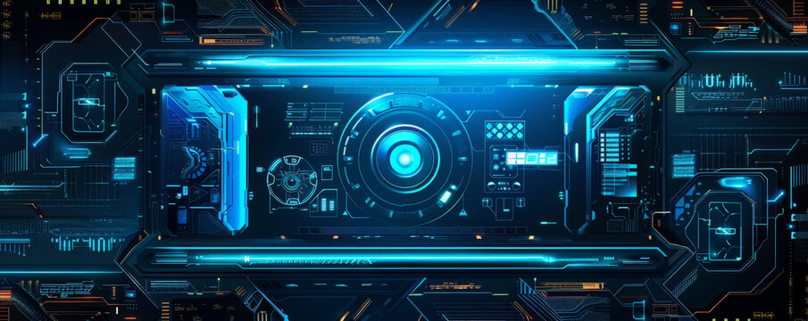 Design art background featuring a futuristic digital interface design in neon blue and black, sleek and high-tech