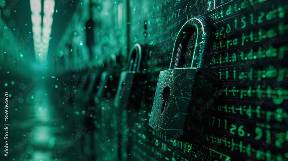 Poster row of green digital locks on a data background, symbolizing cybersecurity, encryption, and data pro