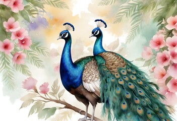 Obraz premium Watercolor Illustration of Two Peacocks in a Lush Garden