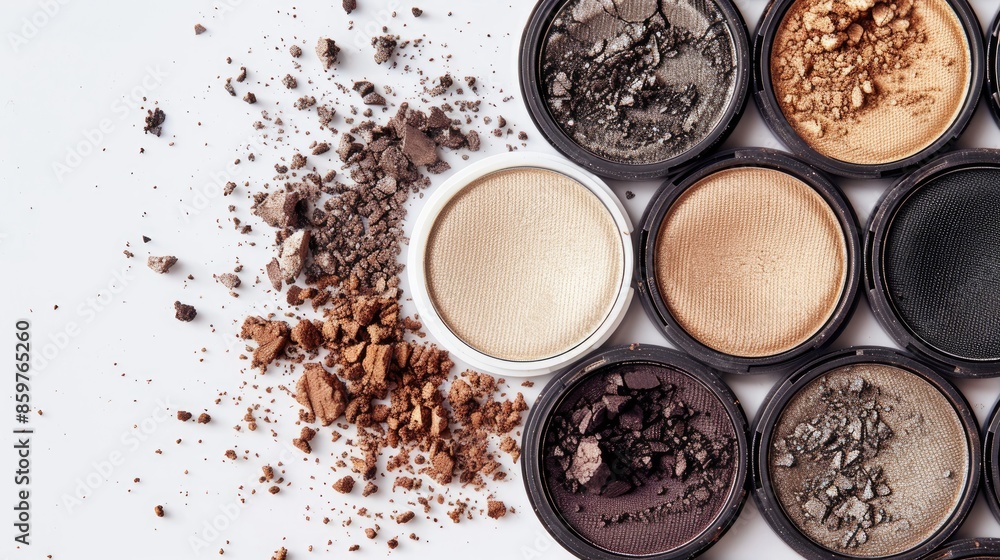 Poster Neutral eyeshadow palette on white background Top view with copy space Texture of eye shadows