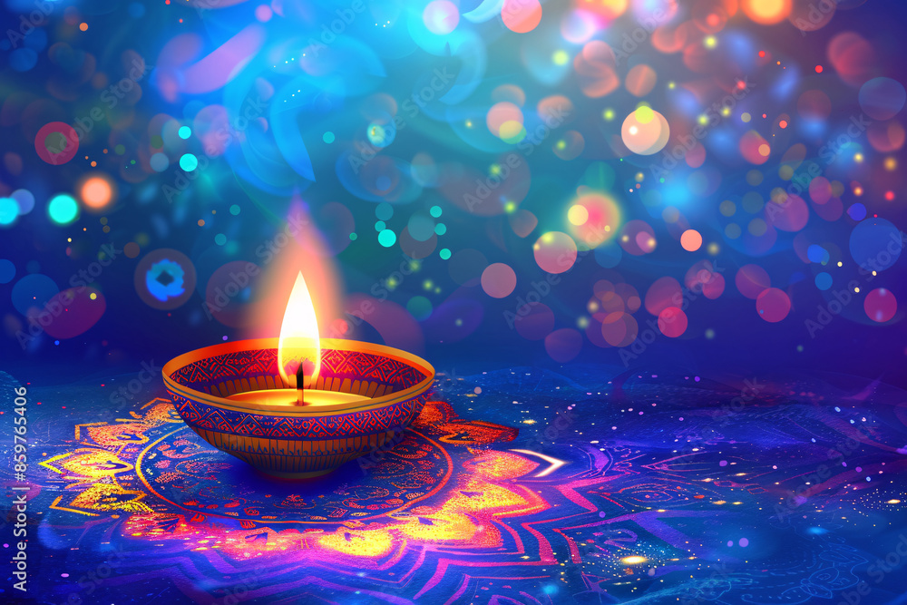 Poster a vibrant diya lamp with a glowing flame and colorful bokeh lights in the background creating a fest