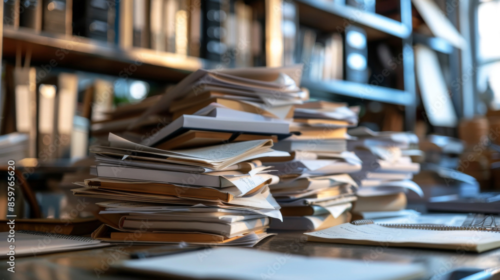 Poster stacks of paperwork piled up on a desk in an office library, representing a busy and organized works
