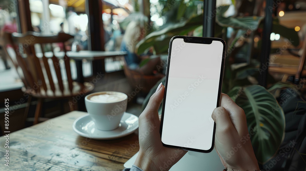 Wall mural close up of a woman's hand holding a blank white screen mobile phone with a coffee cup and laptop on