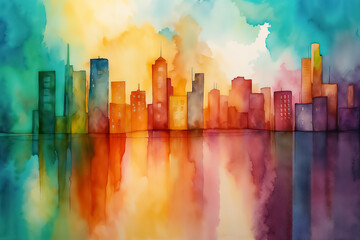 Cityscape with trees and skyscrapers reflecting in water. Watercolor painting with abstract design. Urban landscape and cityscape concept. 