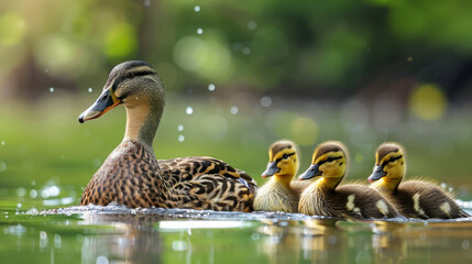 A mother duck swimming with her ducklings in a pond, showcasing a serene and nurturing scene.