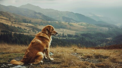 Dog sitting in mountainous terrain gazes into the distance empty space available