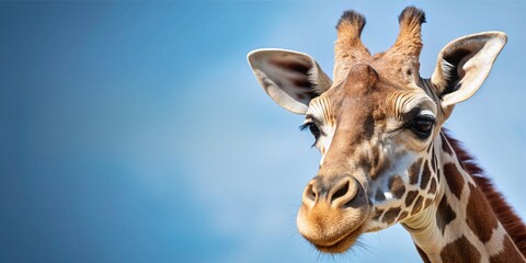 Obraz premium A close-up portrait of a giraffe's head against a clear blue sky background. 