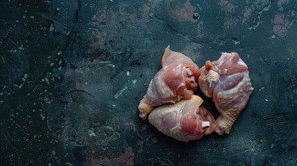 Raw chicken parts on dark background viewed from above