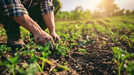 Farmer harvesting young asparagus in field space for text