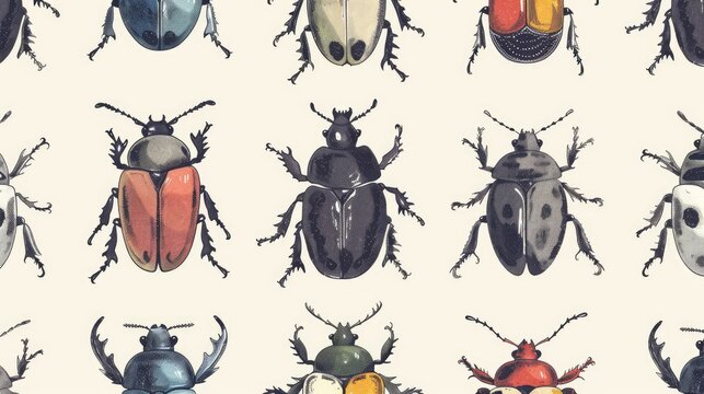 Hand drawn horizontal pattern featuring beetles